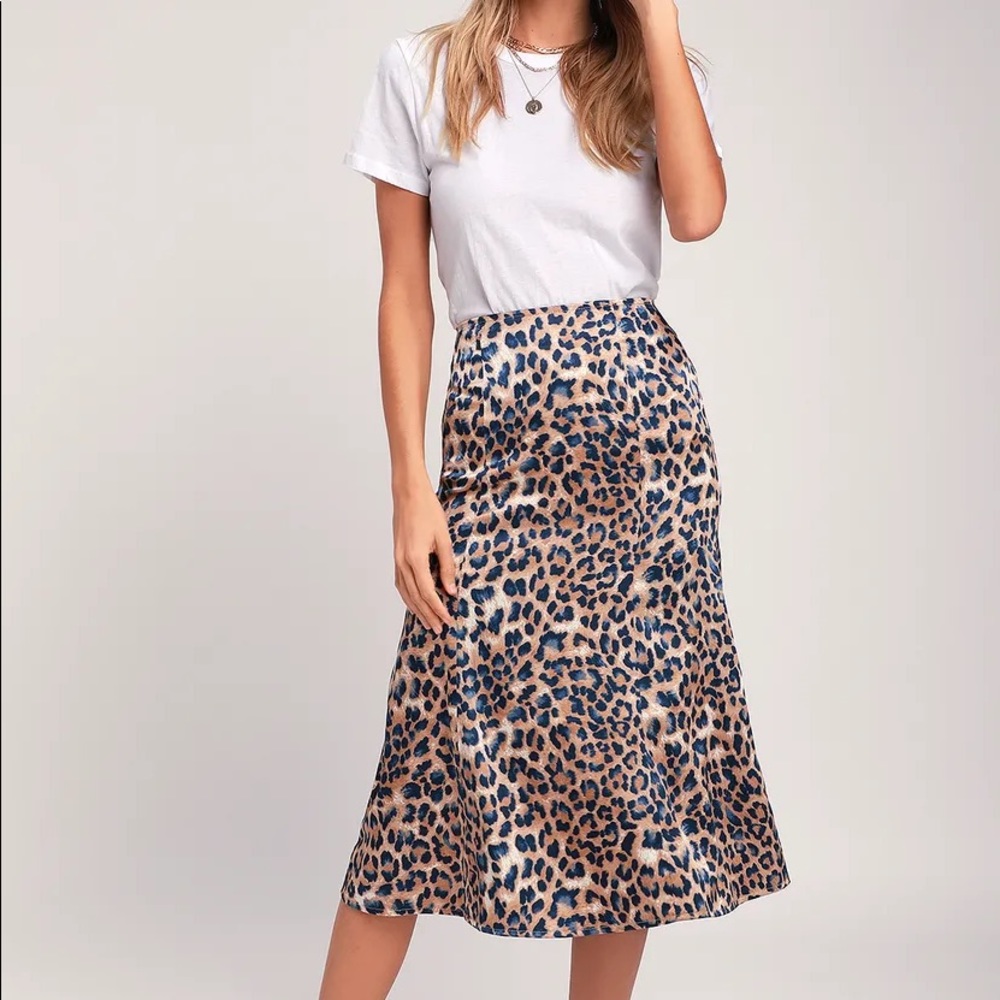 Lulu’s Tan and Navy Blue Leopard Print Satin Midi Skirt